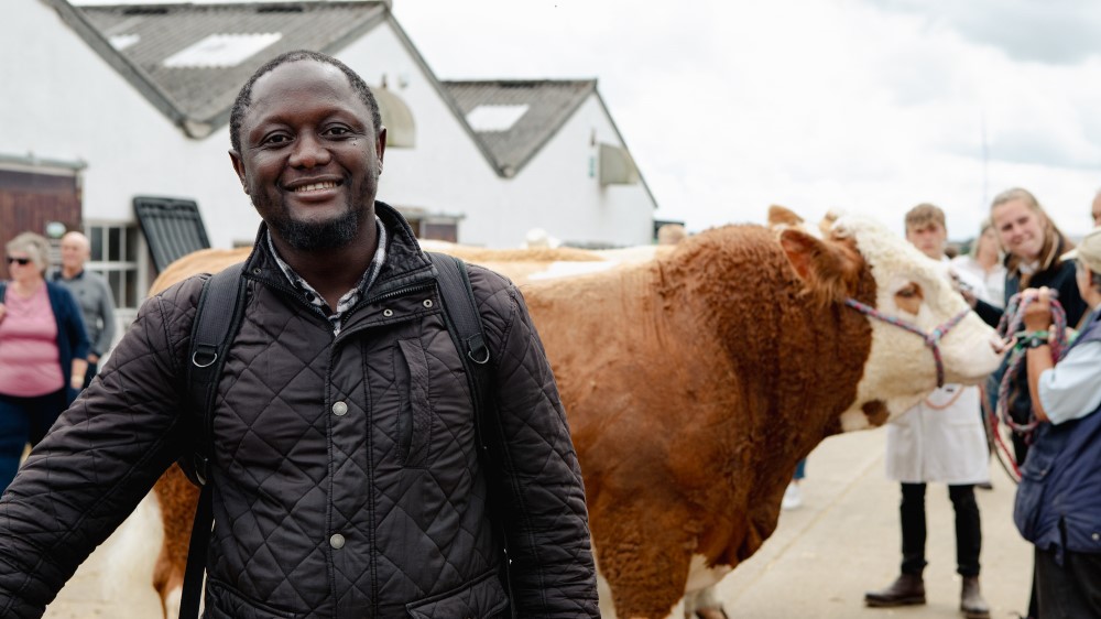 Dr Awal Fuseini standing in front of a bull